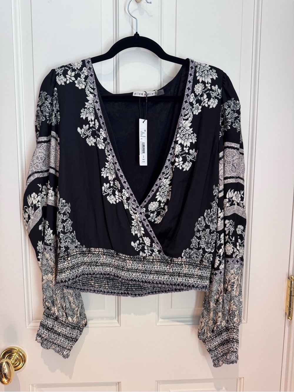 Alice + Olivia Black Floral Wrap Blouse with Smocked Hem
